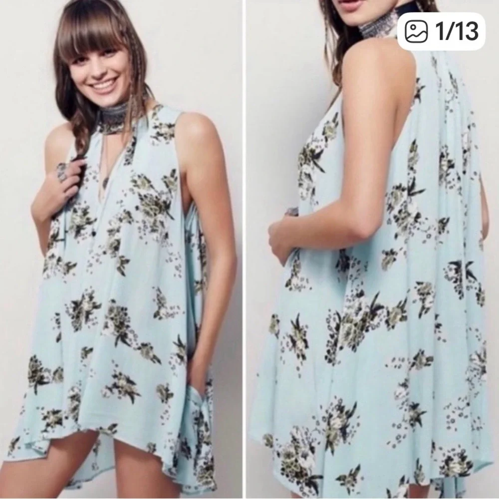 💞Price Drop! Free People Blue Green Swing Floral Tunic Short Casual Dress - MED - Picture 2 of 9
